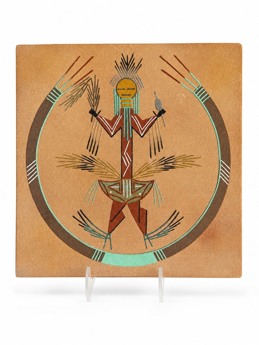Native American Original Navajo Sand Painting Signed Wood VTG Authentic